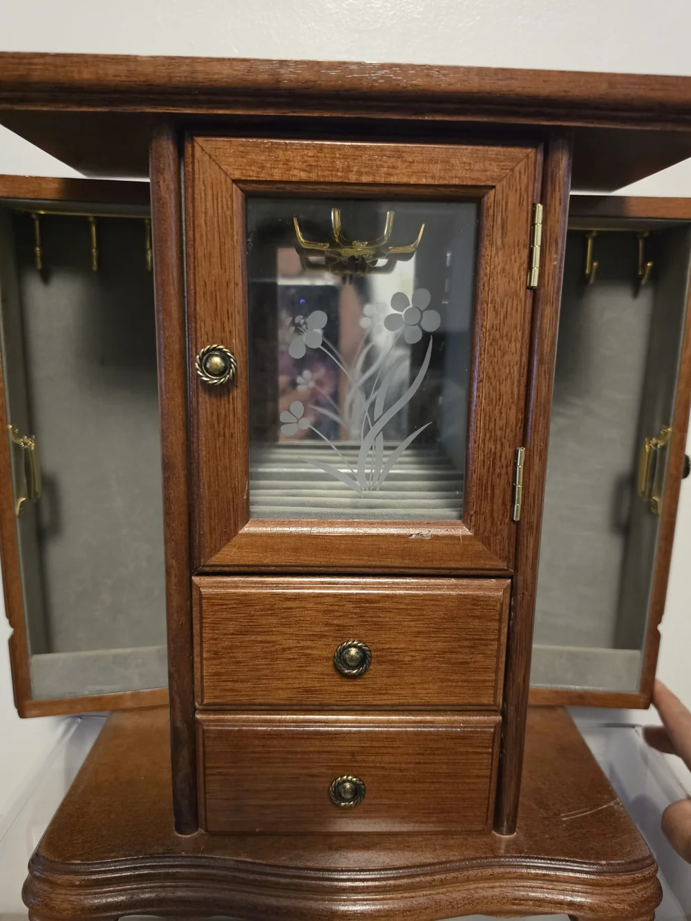 Vintage Wooden Jewelry Box Armoire Flower Glass 12